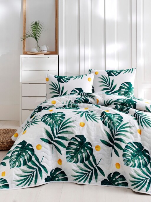 Set cuvertura matlasata dubla King (FR), 3 piese, L'essentiel Maison, Monstera, 65% bumbac/35% poliester, White / Green / Yellow