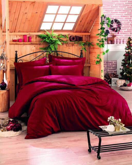 Lenjerie de pat dubla Super King (FR), 3 piese, L'essentiel Maison, Stripe, Bumbac Satinat, Rosu claret