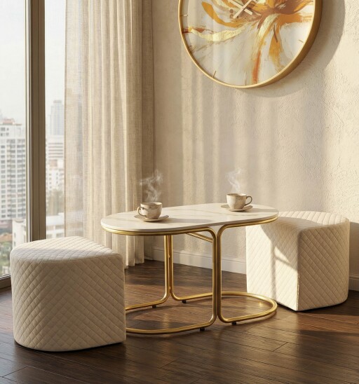 Set masuta de cafea si 2 taburete, Mauro Ferretti, Relax, 79x45x44 cm, lemn de pin/poliester, alb/auriu