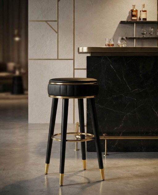 Scaun de bar, Mauro Ferretti, London, 38x74 cm, lemn de pin/piele ecologica, negru/auriu