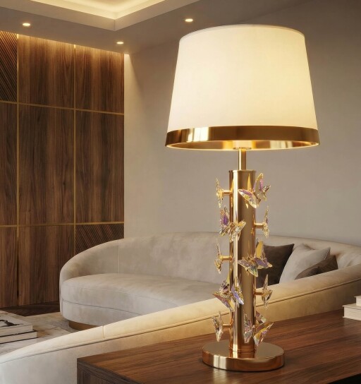 Lampa de masa, Mauro Ferretti, Butterfly, 1 x E27, 40W, 35x74 cm, fier/sticla, auriu/alb