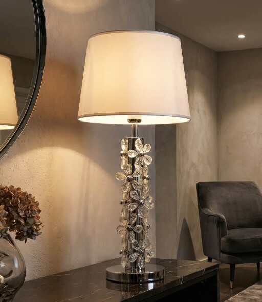 Lampa de masa, Mauro Ferretti, Flower, 1 x E27, 40W, 35x74 cm, fier/sticla, argintiu/alb