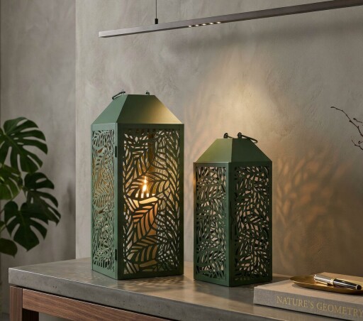 Set 2 felinare, Mauro Ferretti, Carving, 17.8x17.8x44 cm, metal, verde