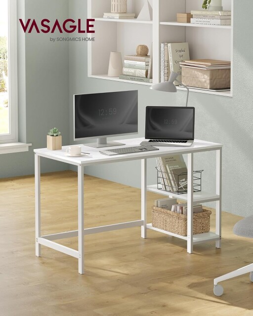 Birou cu 2 rafturi, Vasagle, 120x60x76 cm, PAL/otel, max 70kg, alb