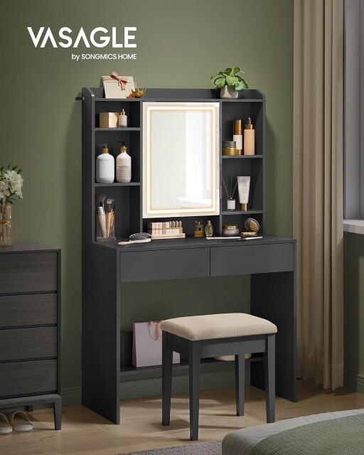 Masa de toaleta cu  oglinda cu LED-uri ajustabile/ masuta dressing, Vasagle, 90x40x144.7  cm, PAL/MDF, negru