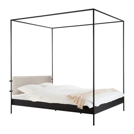 Pat matrimonial negru/bej tapițat din oțel cu baldachin cu somieră 200x200 cm Eton – noo.ma
