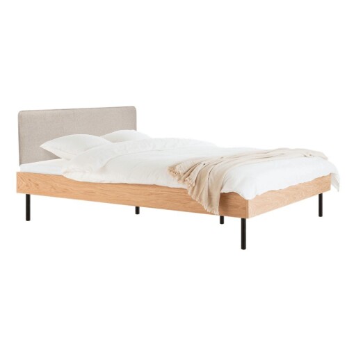 Pat matrimonial în culoare naturală tapițat/din placă aglomerată de lemn cu aspect de lemn de stejar cu somieră 160x200 cm Streiko – noo.ma