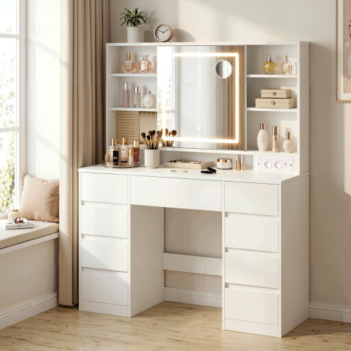 Masa de toaleta cu oglinda LED Kailyn, Vasagle, 110x40x141.5 cm, PAL/MDF, alb cloud