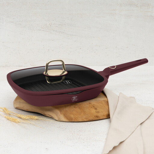 Tigaie grill cu capac Berlinger Haus, Leonardo, 28 cm, 2.1 L, aluminiu forjat, visiniu mat