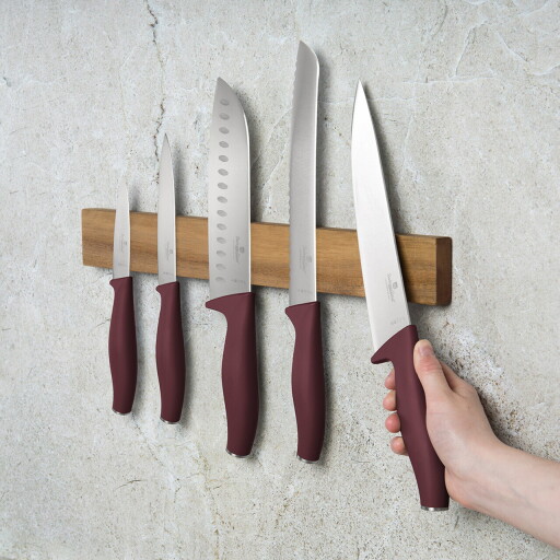 Set 5 cutite cu suport magnetic Berlinger Haus, Leonardo, inox/lemn, visiniu mat/natur