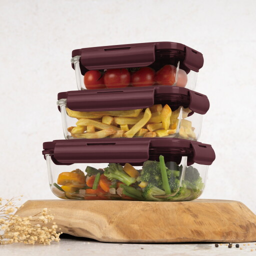 Set 3 caserole cu capac Berlinger Haus, Leonardo, 570 ml / 840 ml / 1.18 L, sticla/plastic, transparent/visiniu