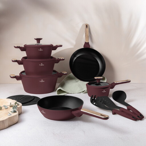 Set pentru gatit Berlinger Haus, Leonardo Nordic, 15 piese, aluminiu forjat, visiniu mat