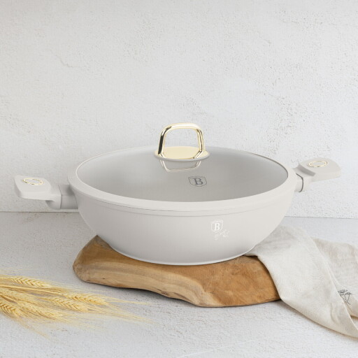 Tigaie Wok cu capac Berlinger Haus, Sahara, 30 cm, aluminiu forjat, crem mat