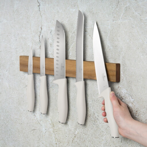 Set 5 cutite cu suport magnetic Berlinger Haus, Sahara, inox/lemn, crem mat/natur