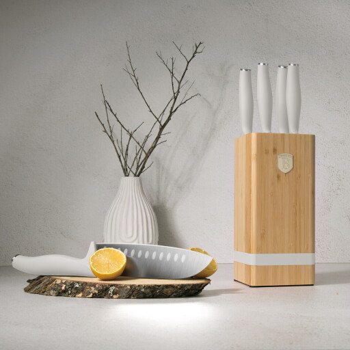 Set 5 cutite cu suport patrat Berlinger Haus, Sahara, inox/bambus, crem mat/natur