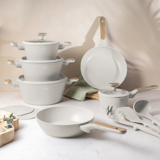 Set pentru gatit Berlinger Haus, Sahara Nordic, 15 piese, aluminiu forjat, crem mat/natur