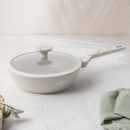 Tigaie adanca cu capac Berlinger Haus, Sahara Marble, 24 cm, 2.3 L, aluminiu forjat, crem mat/marmura