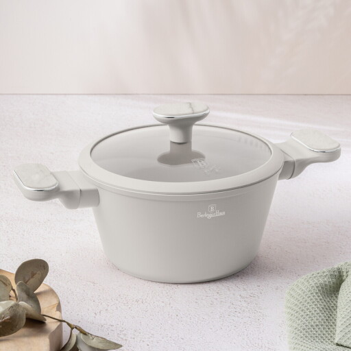 Oala cu capac Berlinger Haus, Sahara Marble, 20 cm, 2.6 L, aluminiu forjat, crem mat/marmura