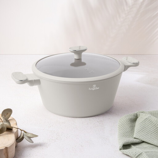 Oala cu capac Berlinger Haus, Sahara Marble, 28 cm, 6.3 L, aluminiu forjat, crem mat/marmura