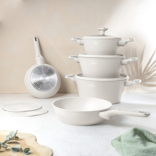 Set pentru gatit Berlinger Haus, Sahara Marble, 10 piese, aluminiu forjat, crem mat/marmura