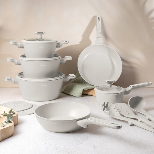 Set pentru gatit Berlinger Haus, Sahara Marble, 15 piese, aluminiu forjat, crem mat/marmura