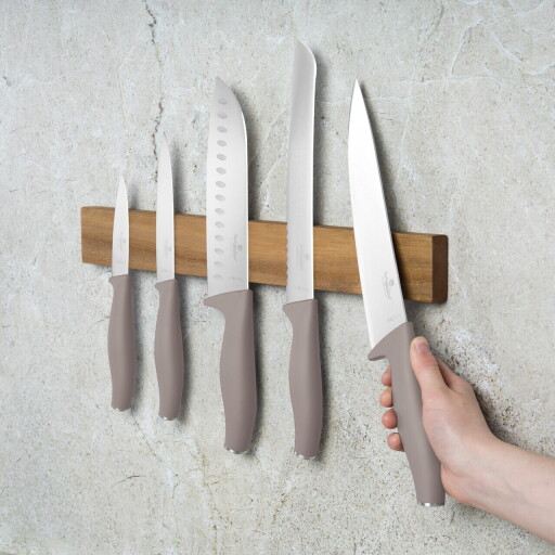 Set 5 cutite cu suport magnetic Berlinger Haus, Taupe, inox/lemn, taupe mat/natur