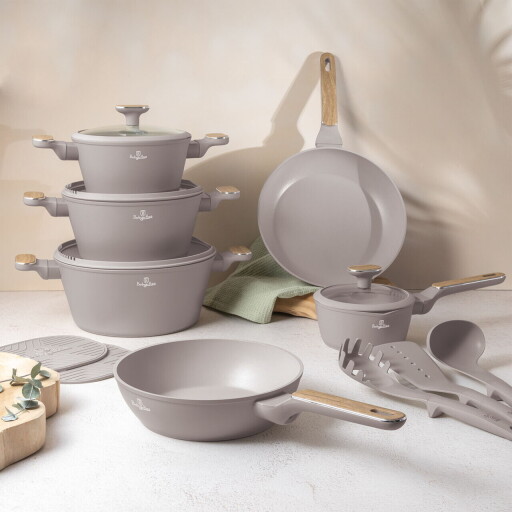 Set pentru gatit Berlinger Haus, Taupe Nordic, 15 piese, aluminiu forjat, taupe mat/natur