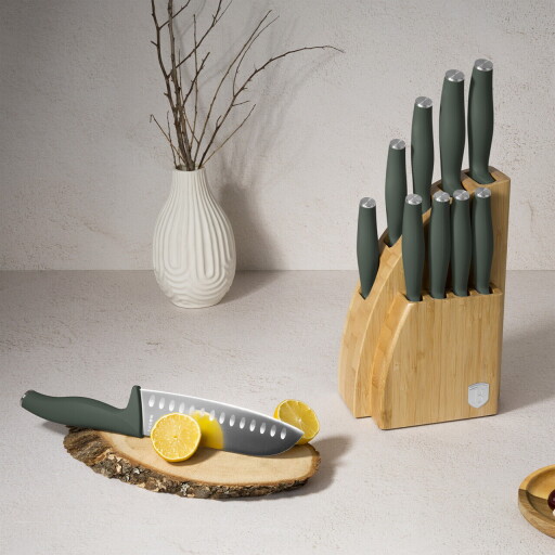 Set 9 cutite cu suport Berlinger Haus, Matte Green, inox/bambus, verde mat/natur