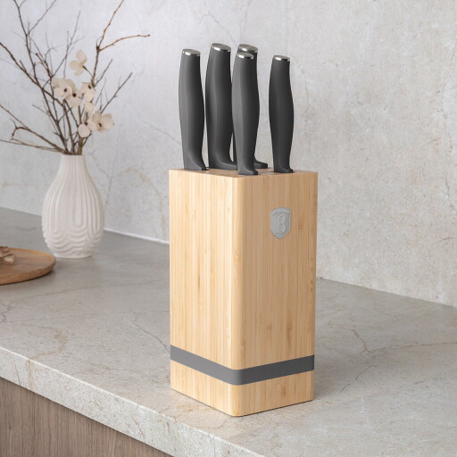 Set 5 cutite cu suport patrat Berlinger Haus, Anthracite, inox/bambus, antracit mat/natur