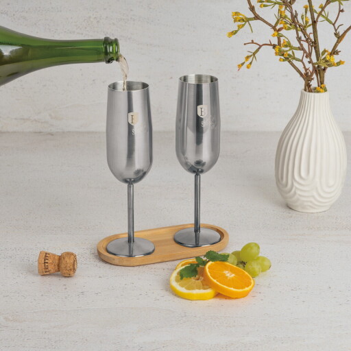 Set 2 pahare pentru sampanie Berlinger Haus, Matte Black, 260 ml, inox 18/10, argintiu