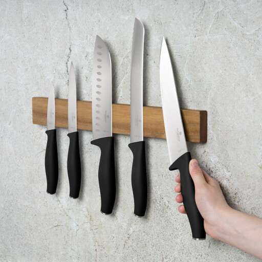 Set 5 cutite cu suport magnetic Berlinger Haus, Matte Black, inox/lemn, negru/natur