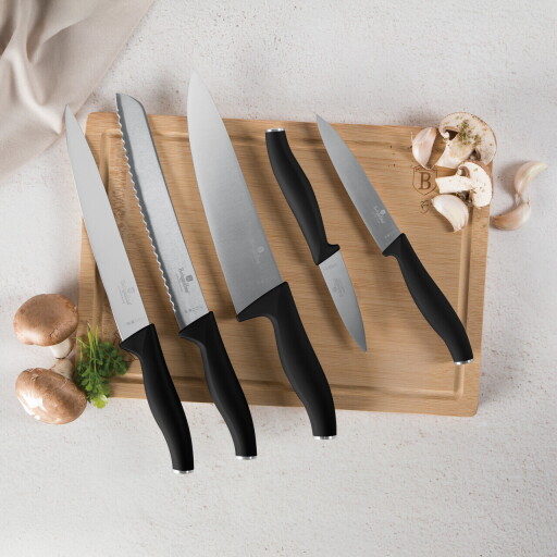 Set 5 cutite cu tocator Berlinger Haus, Matte Black, inox/bambus, negru/natur