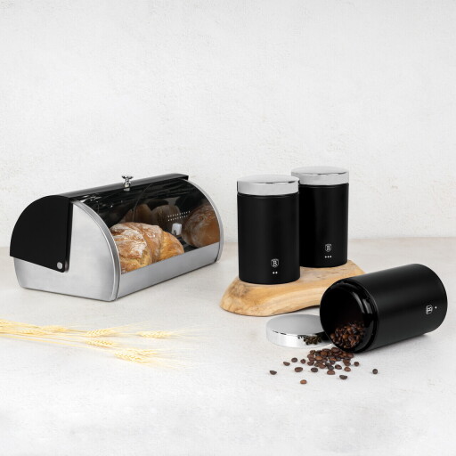 Set cutie pentru paine si 3 recipiente Berlinger Haus, Matte Black, 38.5x28x18.5 cm, inox, negru/argintiu