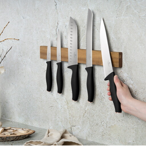 Set 5 cutite cu suport magnetic Berlinger Haus, Black Rose, inox/lemn, negru/natur
