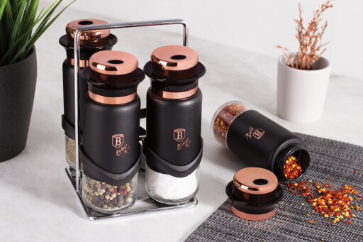Set 4 recipiente pentru condimente si suport Berlinger Haus, Black Rose, inox/sticla, negru/roz