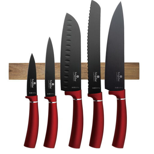 Set 5 cutite cu suport magnetic Berlinger Haus, Burgundy, inox/lemn, rosu/natur