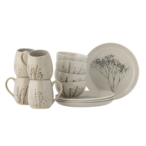 Set mic dejun 12 piese, Bloomingville, Bea, ceramica, natural