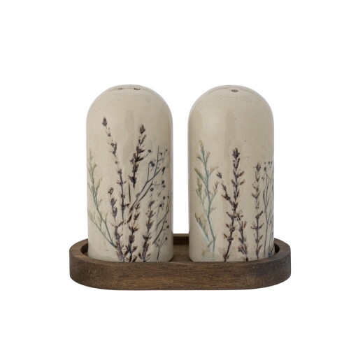 Set solnita si pipernita in suport, Bloomingville, Bea, 12.5x5.5x11 cm, 50 ml, ceramica/lemn de salcam, natural