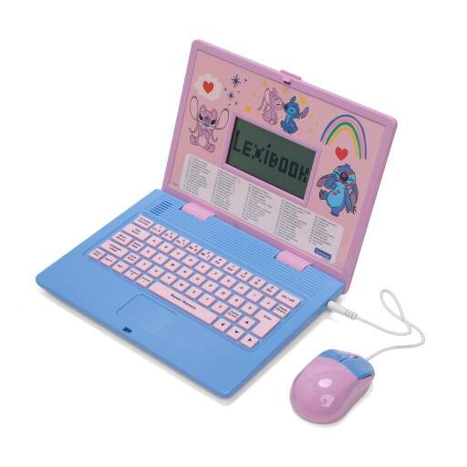 Laptop educational bilingv Ro/En pentru copii Stitch, LEXIBOOK, 5.1x9.7 cm, roz/albastru