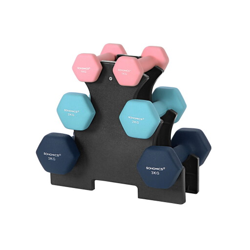 Set gantere fitness 6 piese cu suport, 2 x 1 kg + 2 x 2 kg + 2 x 3 kg, Songmics, neopren, roz/aqua/albastru