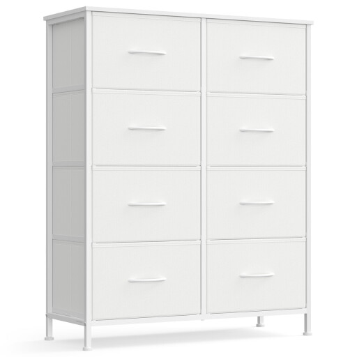 Comoda cu 8 sertare, Songmics, 76.7x30x92.2 cm, sertare textile, cadru metalic, alb