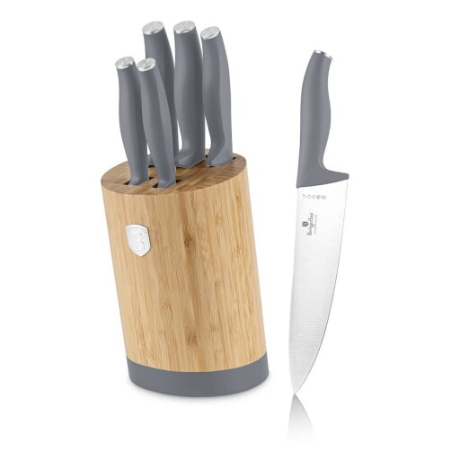 Set 5 cutite cu suport rotund Berlinger Haus, Aspen, inox/bambus, gri mat/natur