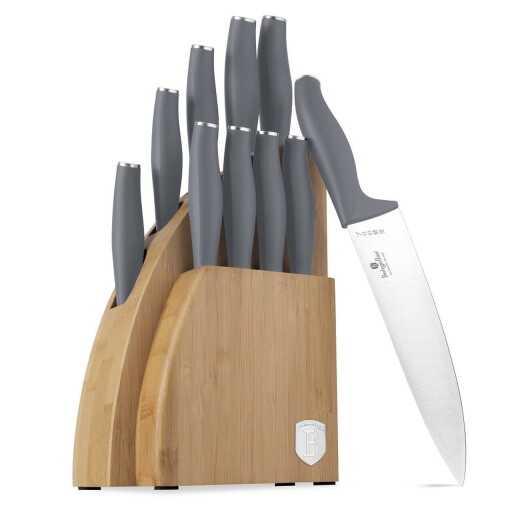 Set 9 cutite cu suport Berlinger Haus, Aspen, inox/bambus, gri mat/natur