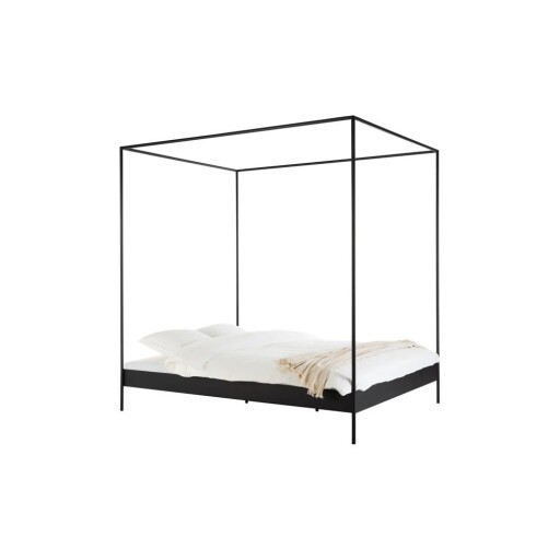 Pat matrimonial negru din oțel fără tăblie/cu baldachin cu somieră 140x200 cm Eton – noo.ma
