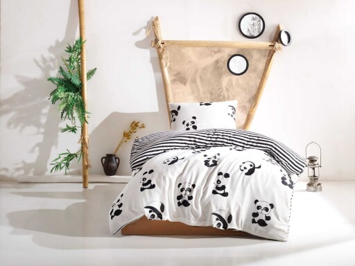 Lenjerie de pat pentru o persoana Single XXL (DE), 2 piese, L'essentiel Maison, Panda, 65% bumbac/35% poliester, Alb/Negru