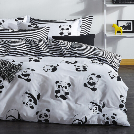 Lenjerie de pat dubla (EU) (IT), 3 piese, L'essentiel Maison, Panda, Alb/Negru