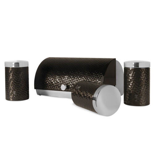Set cutie pentru paine si 3 recipiente Berlinger Haus, Primal Gloss, 38.5x28x18.5 cm, inox, negru/argintiu
