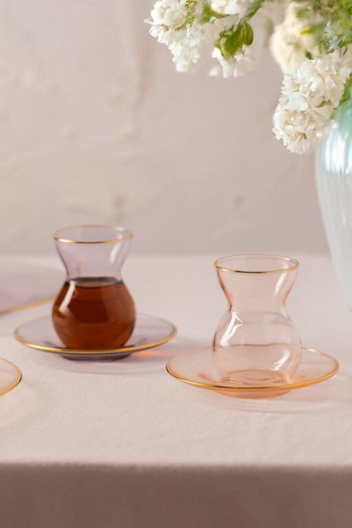 Set pahare pentru ceai, Hermia, 127RKL1205, Farfurie: 12 x 12 x 1,7 cm (6 bucăți), Mov / Somon / Albastru