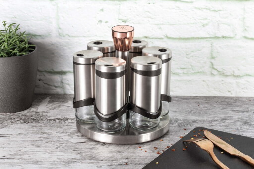 Set 6 recipiente pentru condimente si suport, Berlinger Haus, Moonlight, 120 ml, inox/sticla, argintiu